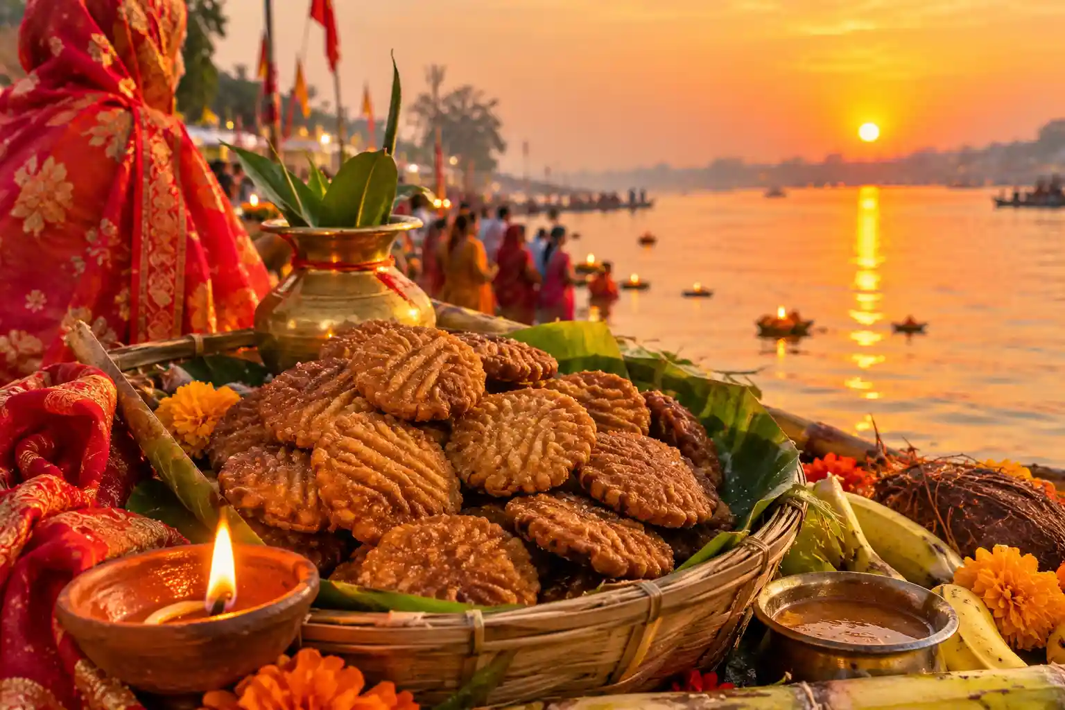 Bamboo soop and daura with thekua, sugarcane, coconut and fruits for Chhath Puja