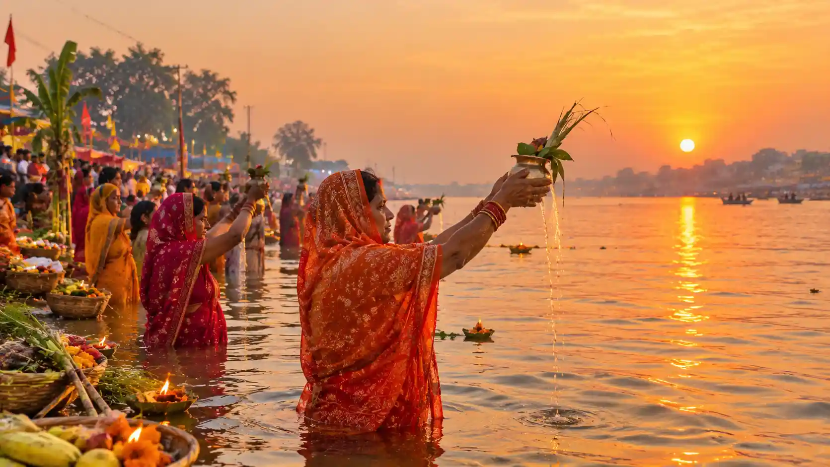 Vrati standing in water offering Usha Arghya to the rising sun