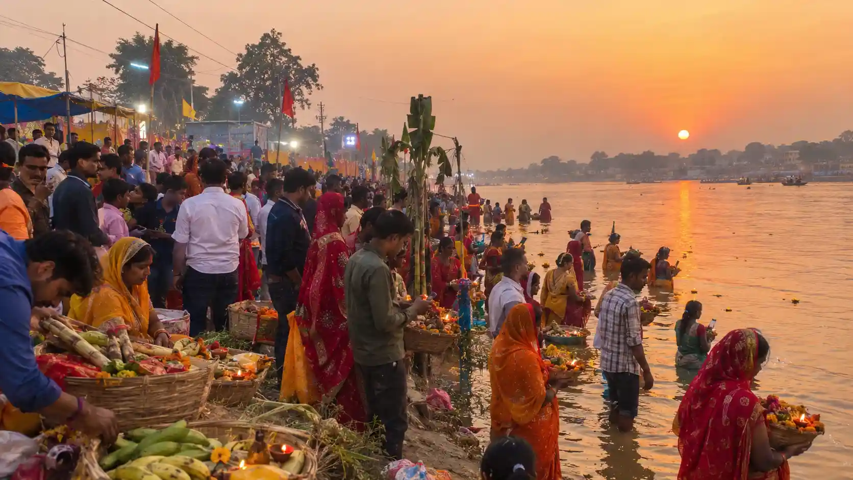 Vratis offering Sandhya Arghya to the setting sun on Chhath Puja 2026